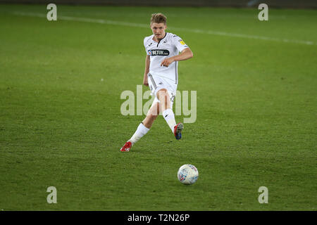 Swansea, UK. 02nd Apr, 2019. George Byers of Swansea city in action.EFL Skybet championship match, Swansea city v Brentford at the Liberty Stadium in Swansea, South Wales on Tuesday 2nd April 2019. this image may only be used for Editorial purposes. Editorial use only, license required for commercial use. No use in betting, games or a single club/league/player publications. pic by Andrew Orchard/Andrew Orchard sports photography/Alamy Live news Credit: Andrew Orchard sports photography/Alamy Live News Stock Photo