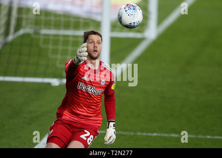 Swansea, UK. 02nd Apr, 2019. Luke Daniels, the goalkeeper of Brentford in action. EFL Skybet championship match, Swansea city v Brentford at the Liberty Stadium in Swansea, South Wales on Tuesday 2nd April 2019. this image may only be used for Editorial purposes. Editorial use only, license required for commercial use. No use in betting, games or a single club/league/player publications. pic by Andrew Orchard/Andrew Orchard sports photography/Alamy Live news Credit: Andrew Orchard sports photography/Alamy Live News Stock Photo