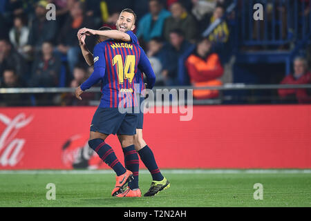 VILLARREAL, 02-04-2019. LaLiga 2018/ 2019, date 30. Villarreal-Barcelona. Jordi Alba and Malcom Filipe of FC Barcelona celebrating goal during the match VIllarreal-Barcelona Stock Photo