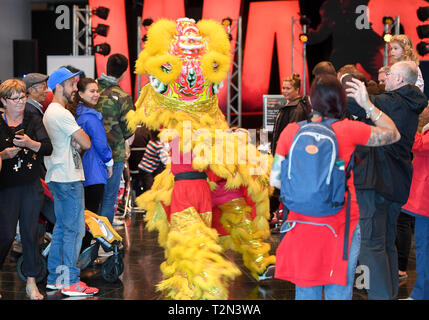 (190403) -- BEIJING, April 3, 2019 (Xinhua) -- Lion dancers interact with participants during the Chinese Community Stage Festival at Museum of New Zealand in Wellington, New Zealand, March 9, 2019. (Xinhua/Guo Lei) Stock Photo
