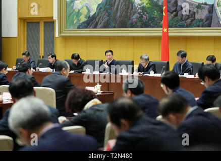 (190403) -- BEIJING, April 3, 2019 (Xinhua) -- Chinese Vice Premier Han Zheng, also a member of the Standing Committee of the Political Bureau of the Communist Party of China Central Committee, speaks at a meeting on lowering the pension insurance contributions of enterprises in Beijing, capital of China, April 3, 2019. (Xinhua/Liu Weibing) Stock Photo