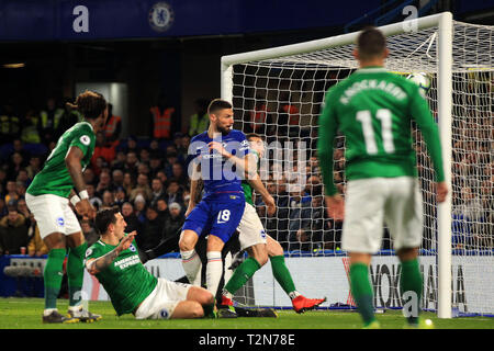 London, UK. 3rd Apr, 2019. Olivier Giroud of Chelsea (M) scores his team's first goal. Premier League match, Chelsea v Brighton & Hove Albion at Stamford Bridge in London on Wednesday 3rd April 2019. this image may only be used for Editorial purposes. Editorial use only, license required for commercial use. No use in betting, games or a single club/league/player publications. pic by Steffan Bowen/ Credit: Andrew Orchard sports photography/Alamy Live News Stock Photo