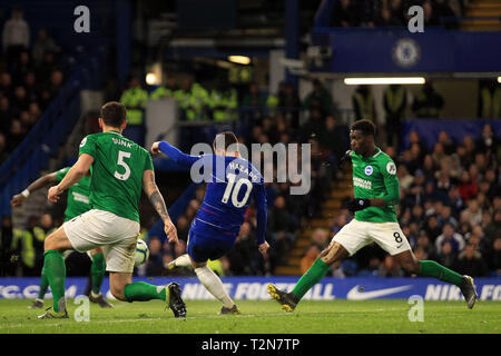 London, UK. 3rd Apr, 2019. Eden Hazard of Chelsea (10) scores his team's second goal. Premier League match, Chelsea v Brighton & Hove Albion at Stamford Bridge in London on Wednesday 3rd April 2019. this image may only be used for Editorial purposes. Editorial use only, license required for commercial use. No use in betting, games or a single club/league/player publications. pic by Steffan Bowen/ Credit: Andrew Orchard sports photography/Alamy Live News Stock Photo