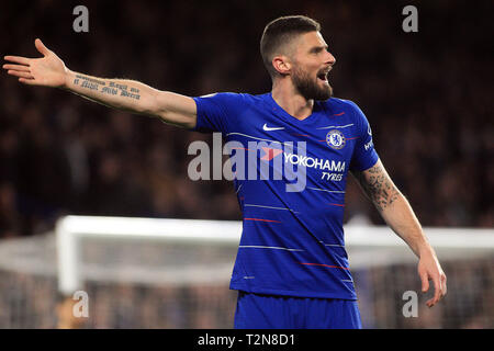 London, UK. 03rd Apr, 2019. Olivier Giroud of Chelsea looks on. Premier League match, Chelsea v Brighton & Hove Albion at Stamford Bridge in London on Wednesday 3rd April 2019. this image may only be used for Editorial purposes. Editorial use only, license required for commercial use. No use in betting, games or a single club/league/player publications. pic by Steffan Bowen/ Credit: Andrew Orchard sports photography/Alamy Live News Stock Photo