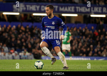 London, UK. 03rd Apr, 2019. Eden Hazard of Chelsea in action. Premier League match, Chelsea v Brighton & Hove Albion at Stamford Bridge in London on Wednesday 3rd April 2019. this image may only be used for Editorial purposes. Editorial use only, license required for commercial use. No use in betting, games or a single club/league/player publications. pic by Steffan Bowen/ Credit: Andrew Orchard sports photography/Alamy Live News Stock Photo
