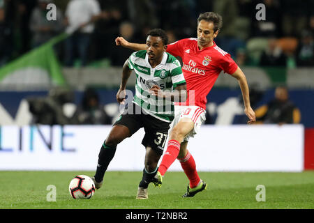 Lisbon, Portugal. 03rd Apr, 2019. Wendel of Sporting CP (L) vies for the ball with Jonas (Jonas Gonçalves Oliveira) of SL Benfica (R) during the Cup of Portugal Placard 2018/2019, 2nd hand - final half football match between Sporting CP vs SL Benfica. (Final score: Sporting CP 1 - 0 SL Benfica) Credit: SOPA Images Limited/Alamy Live News Stock Photo