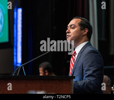 Democratic presidential candidate Julian Castro laughs as he speaks ...