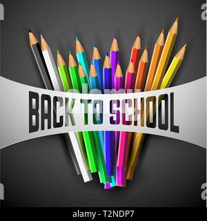 Vector Back to school poster - colorful crayons on dark paper Stock Vector
