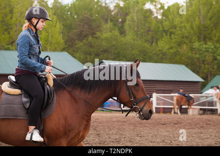 Riding lessons, teenage girl rides brown horse on riding field, close-up photo Stock Photo