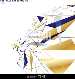 Abstract polygonal geometric triangles shapes and lines gold, silver, blue color perspective on white background with copy space. Luxury style. Vector Stock Vector