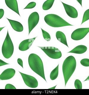 Green leafs seamless pattern, on white isolated background. Realistic leaves texture for web and print design, cover, poster. Vector eps 10 illustrati Stock Vector
