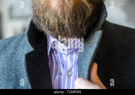 Bearded Man in a Business Suit with a Striped Shirt with No Tie Straightens the Lapel of His Coat. Business Clothes and Accessories Stock Photo