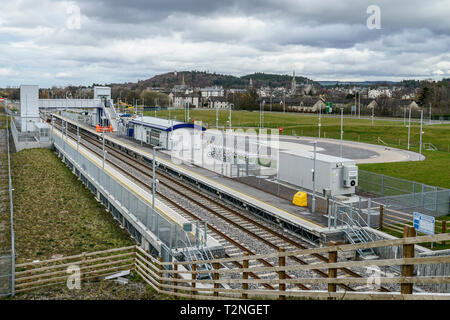 Class 158 DMU departing from New Forres Railway Station in Forres Moray Scotland UK heading towards Aberdeen Stock Photo