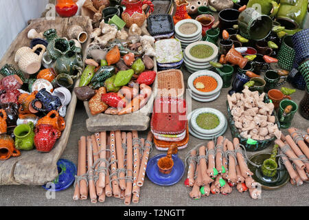 VILNIUS, LITHUANIA - MARCH 02, 2019: Traditional Lithuanian  homemade  clay Easters toys  and gifts  are sold on streets during the spring Kaziukas fa Stock Photo