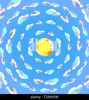 abstract colored vector illustration image of the sun and clouds in circles consisting of lines Stock Vector
