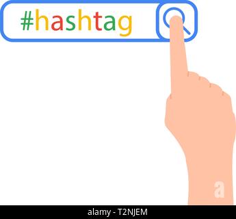 The word hashtag entered into the search, a person presses the index finger to search the Internet, vector illustration in flat style. Stock Vector