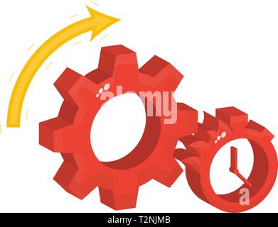 Gear and stopwatch and timer, a symbol of fast and efficient work, the arrow indicates the direction of the gear, vector flat icon in a flat style. Stock Vector