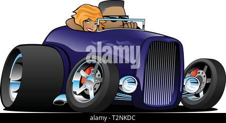 Highboy hot rod deep purple roadster with male driver and cute woman passenger isolated vector illustration Stock Vector