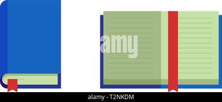 Closed open book with blue cover red bookmark. Education flat vector isolated icon illustration set Stock Vector