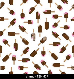 Ice cream with pink filling chocolate glaze randomly scattered seamless pattern wallpaper. Flat design illustration background Stock Vector