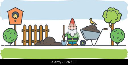 Gardening Concept Vector Banner. Garden Gnome at work in his garden with shovel and wheelbarrow. Stock Vector