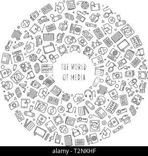 World of Media and Entertainment Concept. Line icons of analog and digital media arranged in a circle isolated on white background Stock Vector