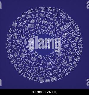 World of Media and Entertainment Concept. Line icons of analog and digital media arranged in a circle on blue background. Stock Vector