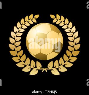Golden Laurel Wreath Around Soccer Ball on Black Background Vector Illustration Stock Vector