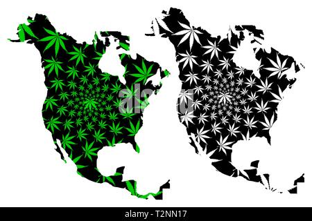 North America continent - map is designed cannabis leaf green and black, North America map made of marijuana (marihuana,THC) foliage, Stock Vector