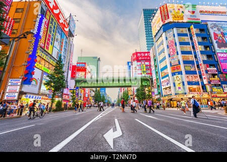 TOKYO, JAPAN - AUGUST 1, 2015: Crowds pass below colorful signs in Akihabara. The historic electronics district has evolved into a shopping area for v Stock Photo