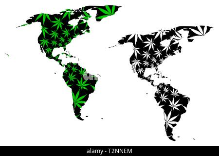 North and South America continent - map is designed cannabis leaf green and black, North and Latin America map made of marijuana (marihuana,THC) folia Stock Vector
