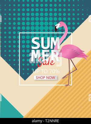 Illustration of Summer sale poster background with flamingo. Paper art and digital craft paper cut style for wallpaper, poster, banner template, broch Stock Vector