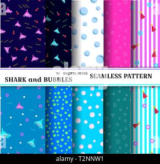 10 seamless marine patterns Vector illustration for abstract aqua design baby shower or birthday in style family shark. Set of wallpaper with cartoon  Stock Vector