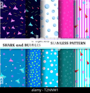 10 seamless marine patterns Vector illustration for abstract aqua design baby shower or birthday in style family shark. Set of wallpaper with cartoon  Stock Vector