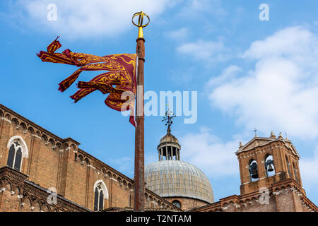 The traditional flag of Veneto Region with winged Lion, Venice, Italy