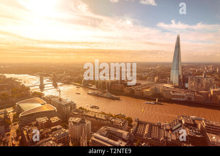 Sunny view of Thames river, Tower bridge, London tower and the Shard, City of London, UK