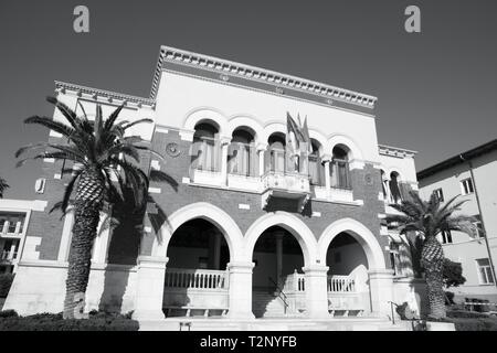 Croatia - Porec on Istria peninsula. Town Hall building. Black and white tone - retro monochrome color style. Stock Photo