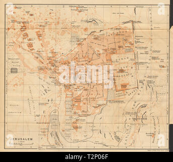 Jerusalem antique town city plan. Israel 1912 old map chart Stock Photo