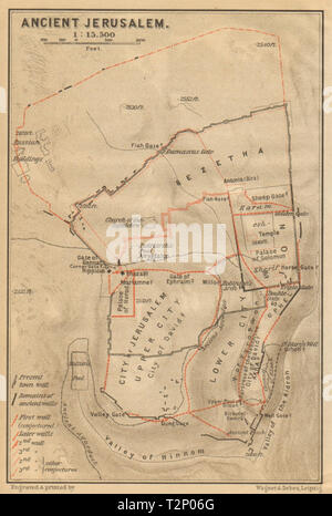 Ancient Jerusalem antique town city plan. Israel 1912 old map chart Stock Photo