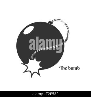 Black icon of a bomb in the old style with a burning wick is isolated on a white background. Stock Vector