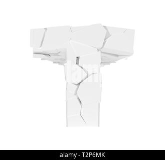 White 3d foam letter T cracked text. Stock Photo