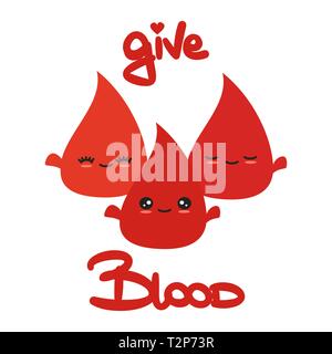cute cartoon blood donation vector concept illustration with drops and hand drawn lettering give blood text Stock Vector