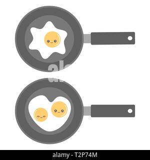 cute cartoon funny fried eggs on frying pan top view vector set illustration Stock Vector