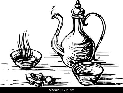 Oriental antique tea set. Teapot, cups bowls, sugar lumps. Imitation of engraving. Scratch board style imitation. Hand drawn sketch image. Stock Vector