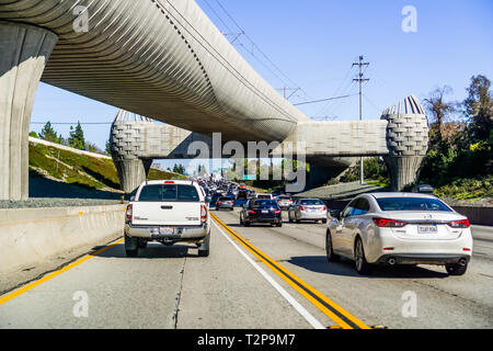 March 16, 2019 Los Angeles / CA / USA - Driving on the freeways of Los Angeles county on the carpool lane Stock Photo