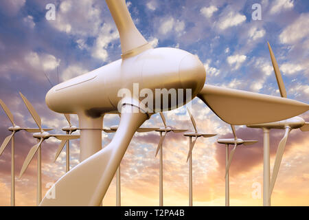 3D rendering of a wind farm at sunset
