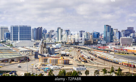 March 19, 2019 San Diego / CA / USA - Aerial view of an industrial area near the Port of San Diego; the city's skyline visible in the background Stock Photo