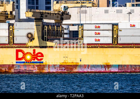 March 19, 2019 San Diego / CA / USA - Dole cargo ship docked on the shores of San Diego bay Stock Photo