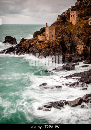 The Crown mine at Botallack on the Southern tip of Cornwall lye in this epic composition hugging the rugged coastline, Stock Photo