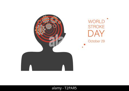 International world stroke day banner template. Abstract human silhouette with gears, wheels in brain color illustration. Dizziness, headache, brain d Stock Vector